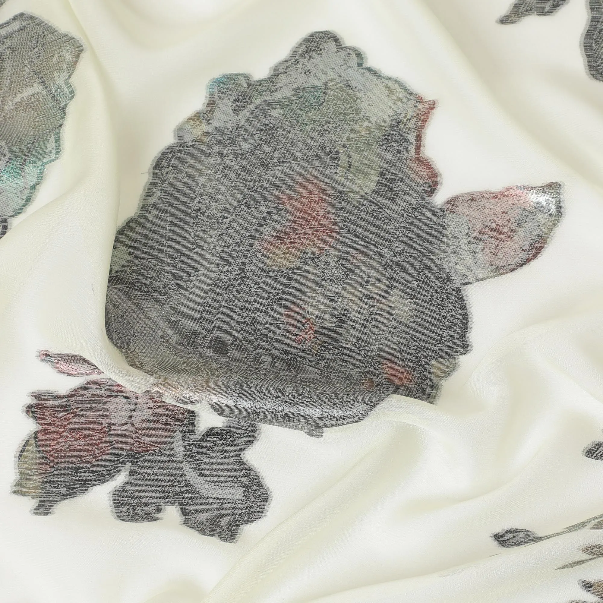 Cream Premium pure silk chiffon fabric with multicolor metallic lurex in floral design-D9703