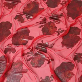 Crimson red Premium pure silk chiffon fabric with multicolor metallic lurex in floral design-D9700