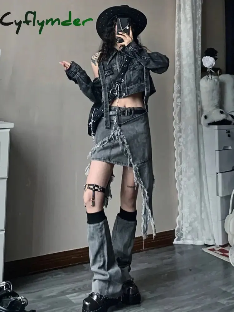 Cyflymder Fashion Women Skirt Set Mini Short Denim Skirt Waist Cape Chain Belt Leg Warmers Grunge Y2K Vintage Streetwear