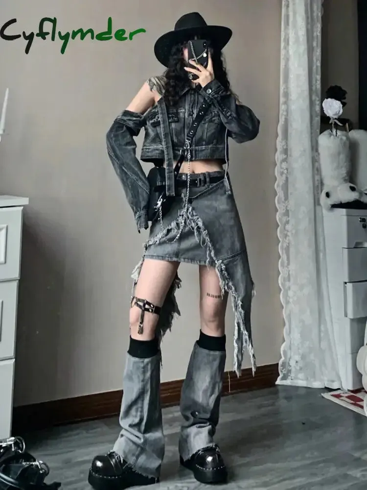 Cyflymder Fashion Women Skirt Set Mini Short Denim Skirt Waist Cape Chain Belt Leg Warmers Grunge Y2K Vintage Streetwear