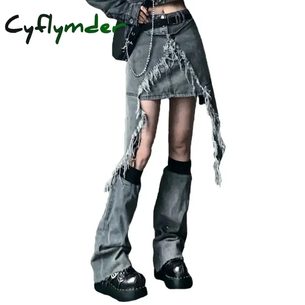 Cyflymder Fashion Women Skirt Set Mini Short Denim Skirt Waist Cape Chain Belt Leg Warmers Grunge Y2K Vintage Streetwear