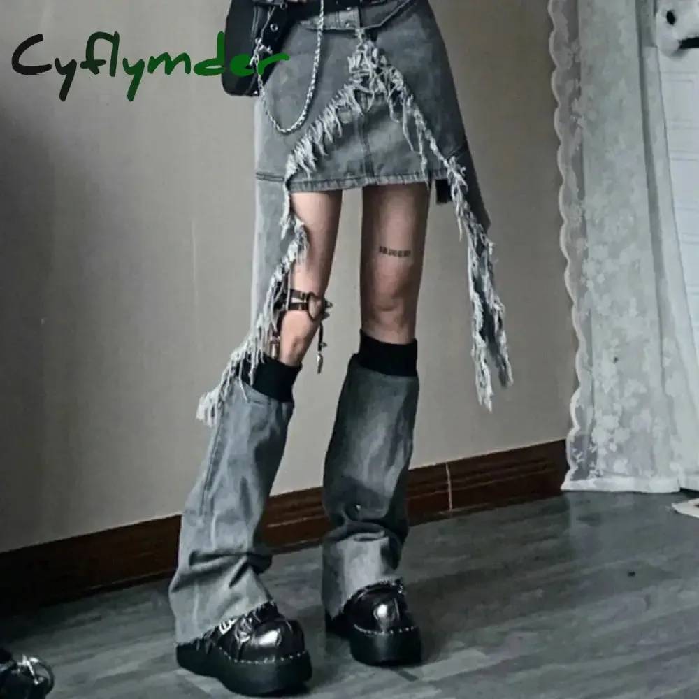 Cyflymder Fashion Women Skirt Set Mini Short Denim Skirt Waist Cape Chain Belt Leg Warmers Grunge Y2K Vintage Streetwear