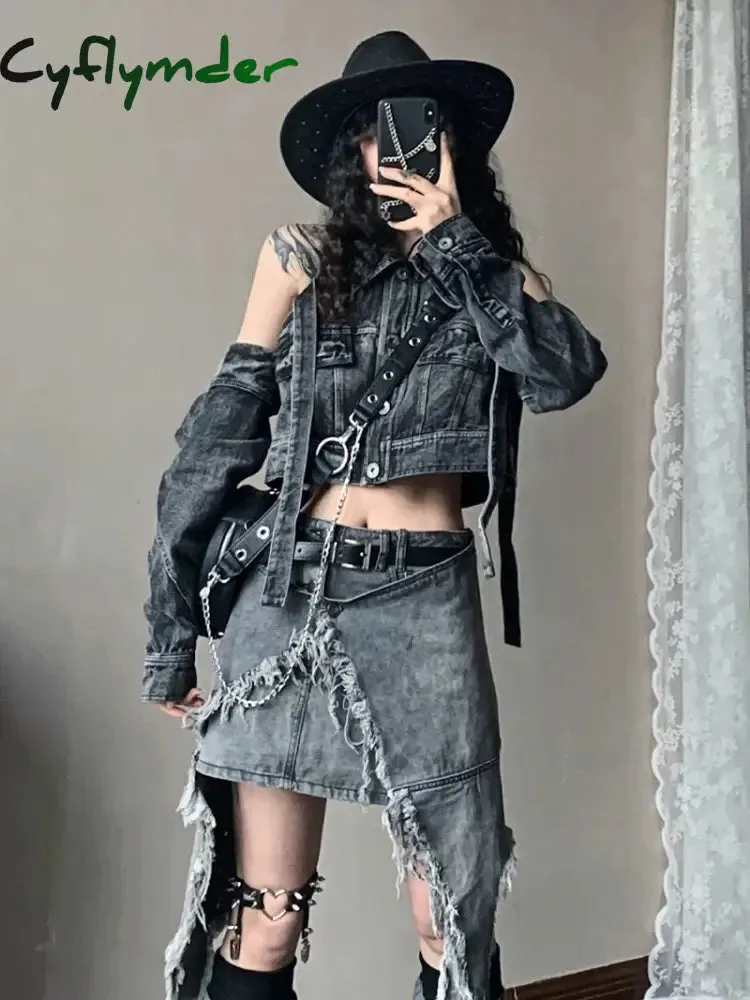 Cyflymder Fashion Women Skirt Set Mini Short Denim Skirt Waist Cape Chain Belt Leg Warmers Grunge Y2K Vintage Streetwear