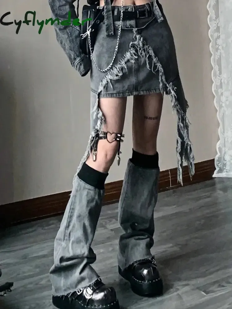 Cyflymder Fashion Women Skirt Set Mini Short Denim Skirt Waist Cape Chain Belt Leg Warmers Grunge Y2K Vintage Streetwear