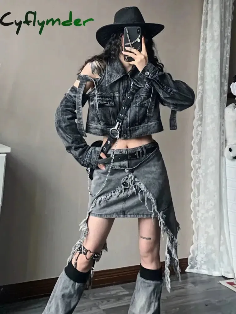 Cyflymder Fashion Women Skirt Set Mini Short Denim Skirt Waist Cape Chain Belt Leg Warmers Grunge Y2K Vintage Streetwear