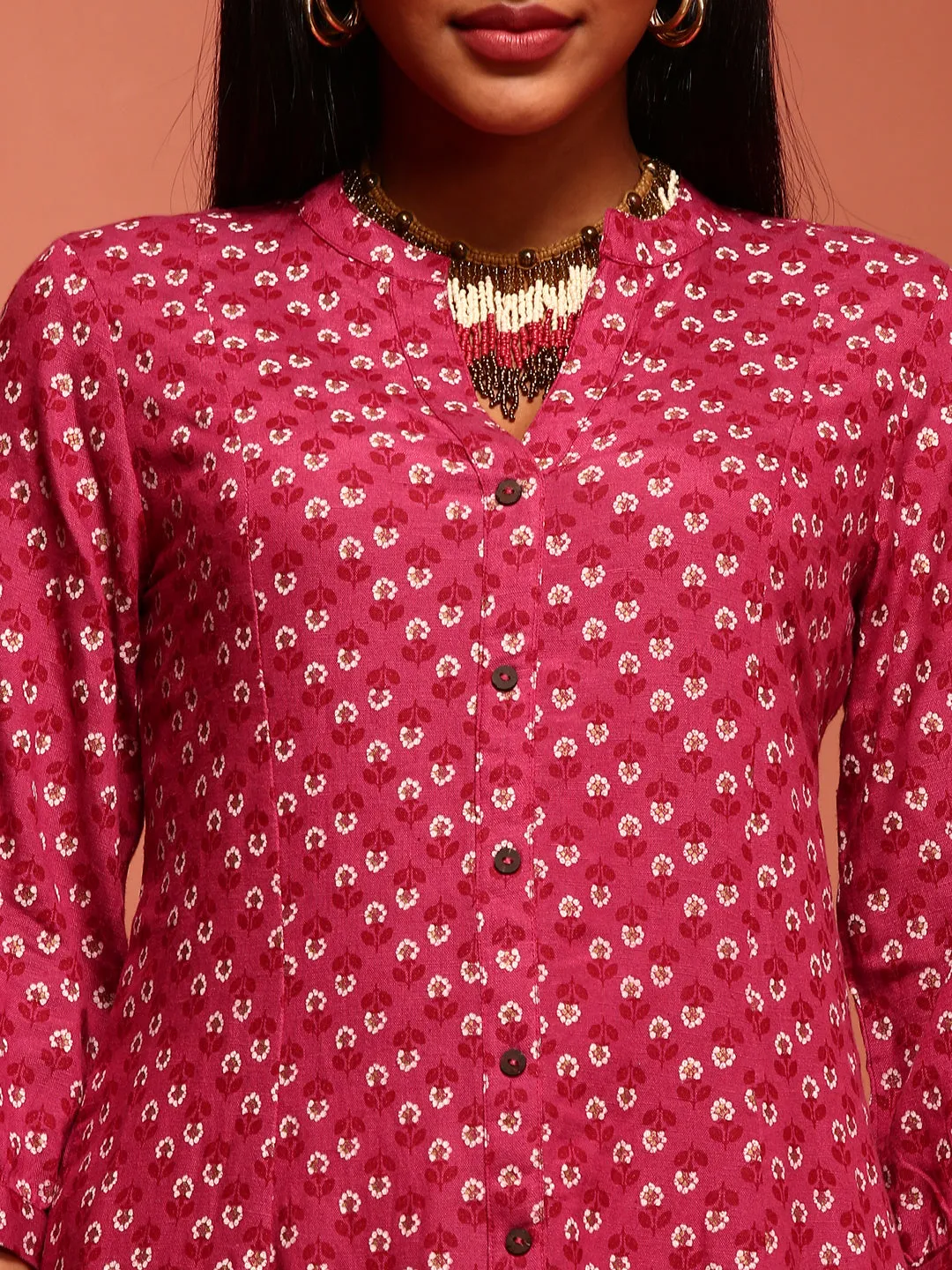 Dark Pink Printed Flared Kurta