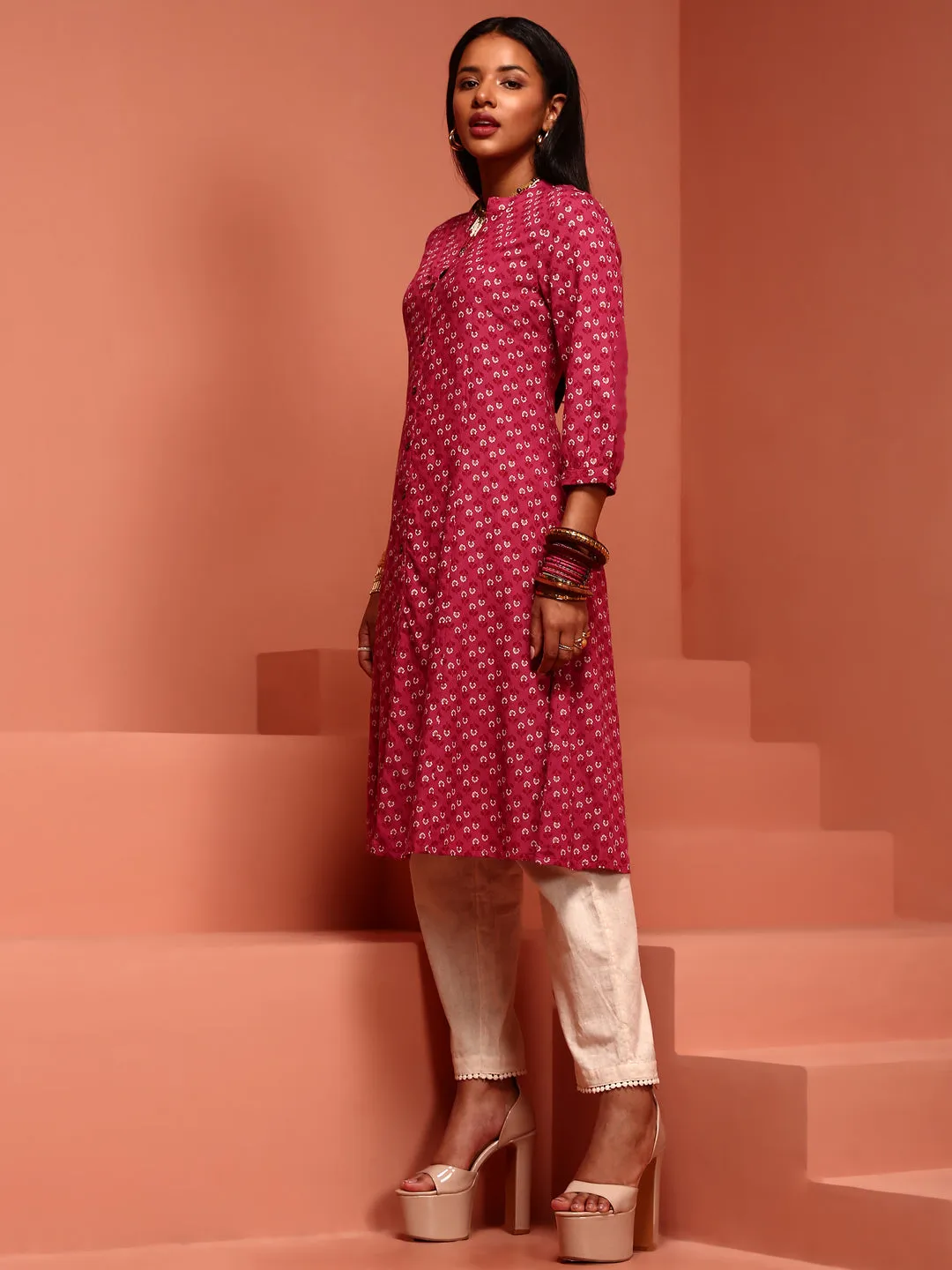 Dark Pink Printed Flared Kurta