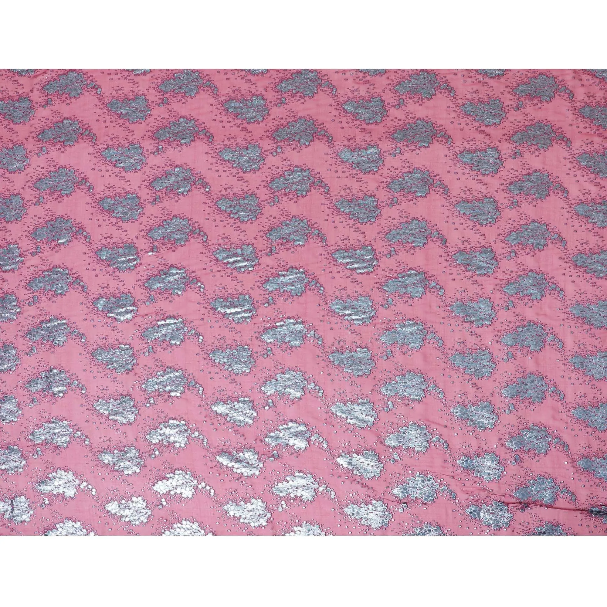 Dark Pink silk chiffon fabric with baby blue and copper metallic lurex in floral design-D8042