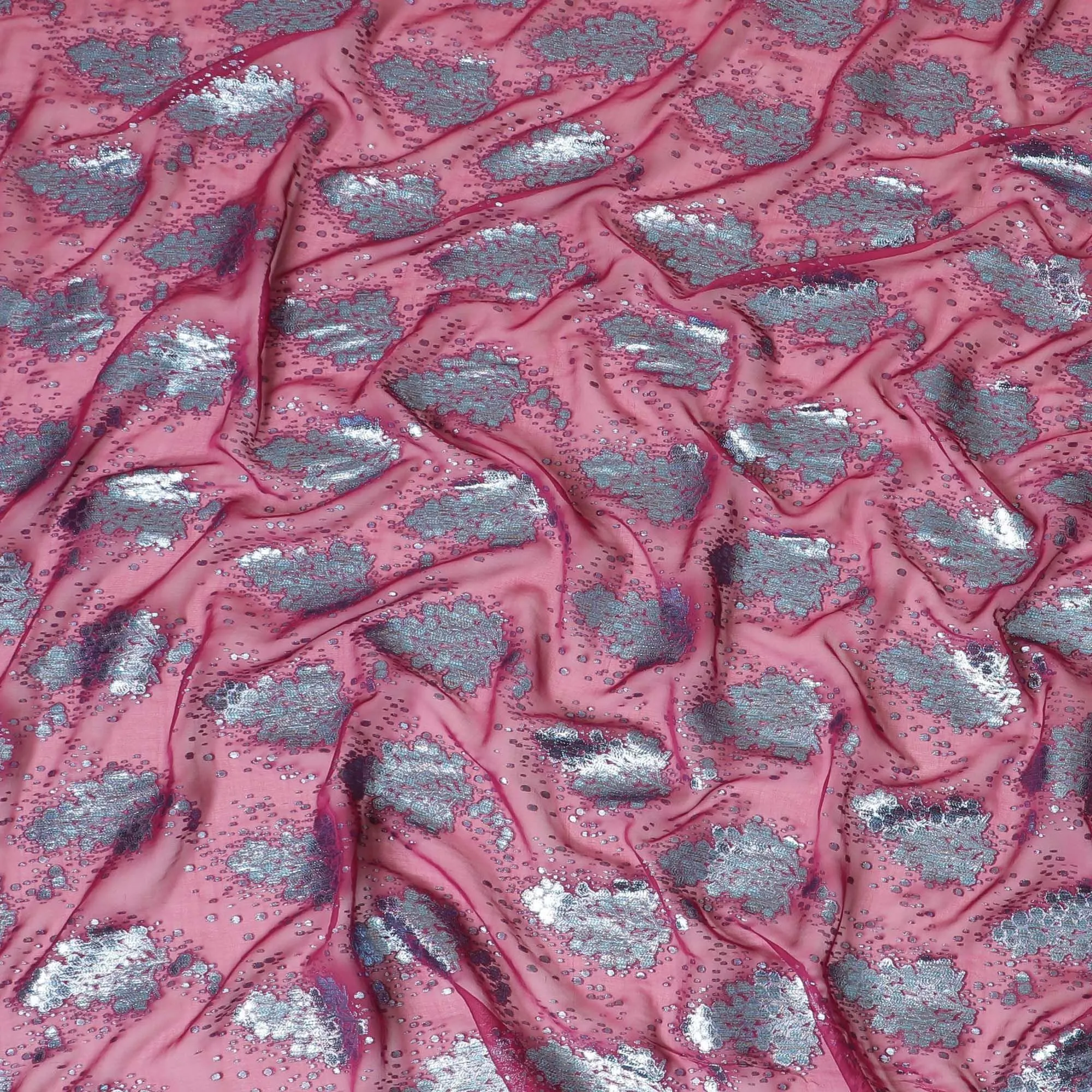 Dark Pink silk chiffon fabric with baby blue and copper metallic lurex in floral design-D8042
