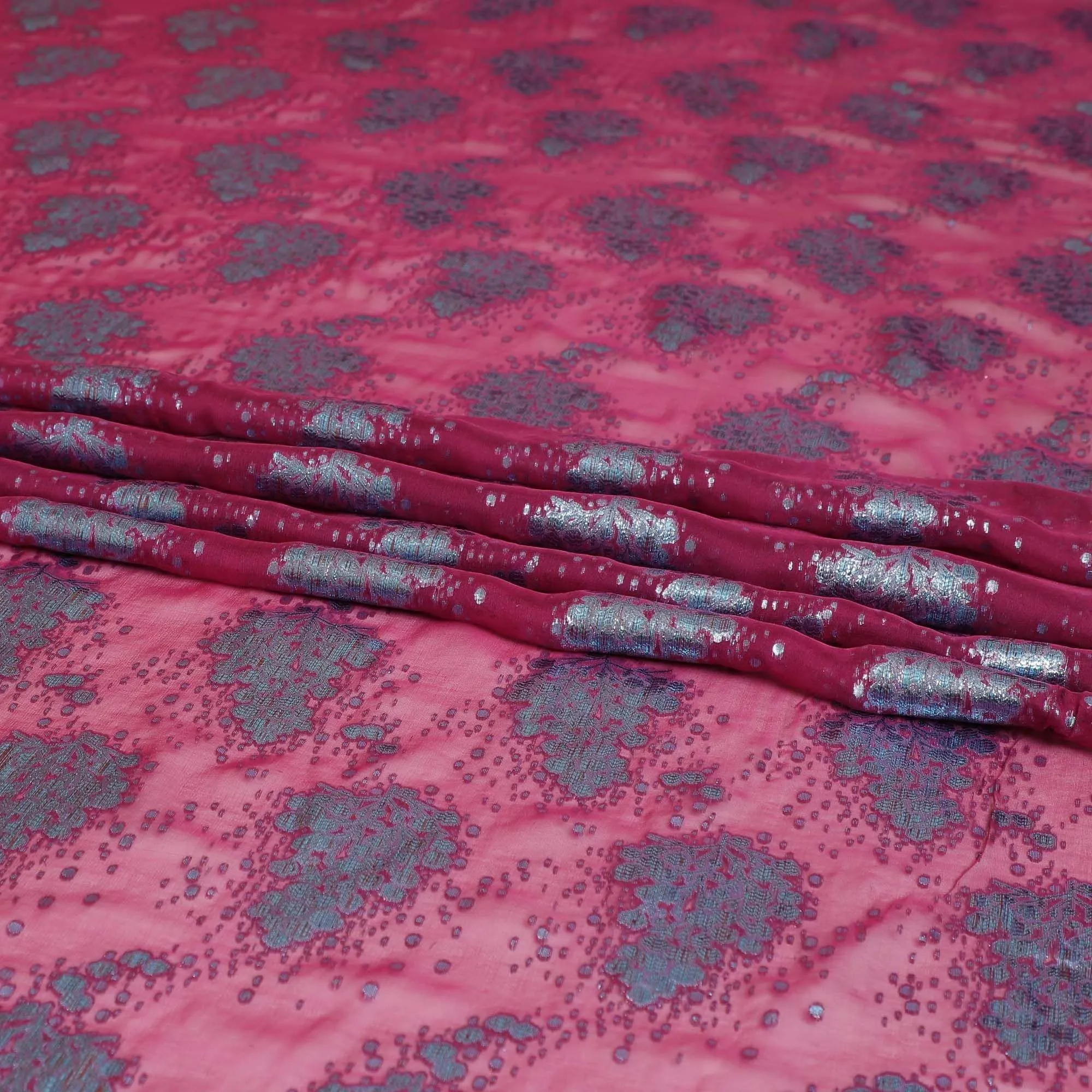 Dark Pink silk chiffon fabric with baby blue and copper metallic lurex in floral design-D8042