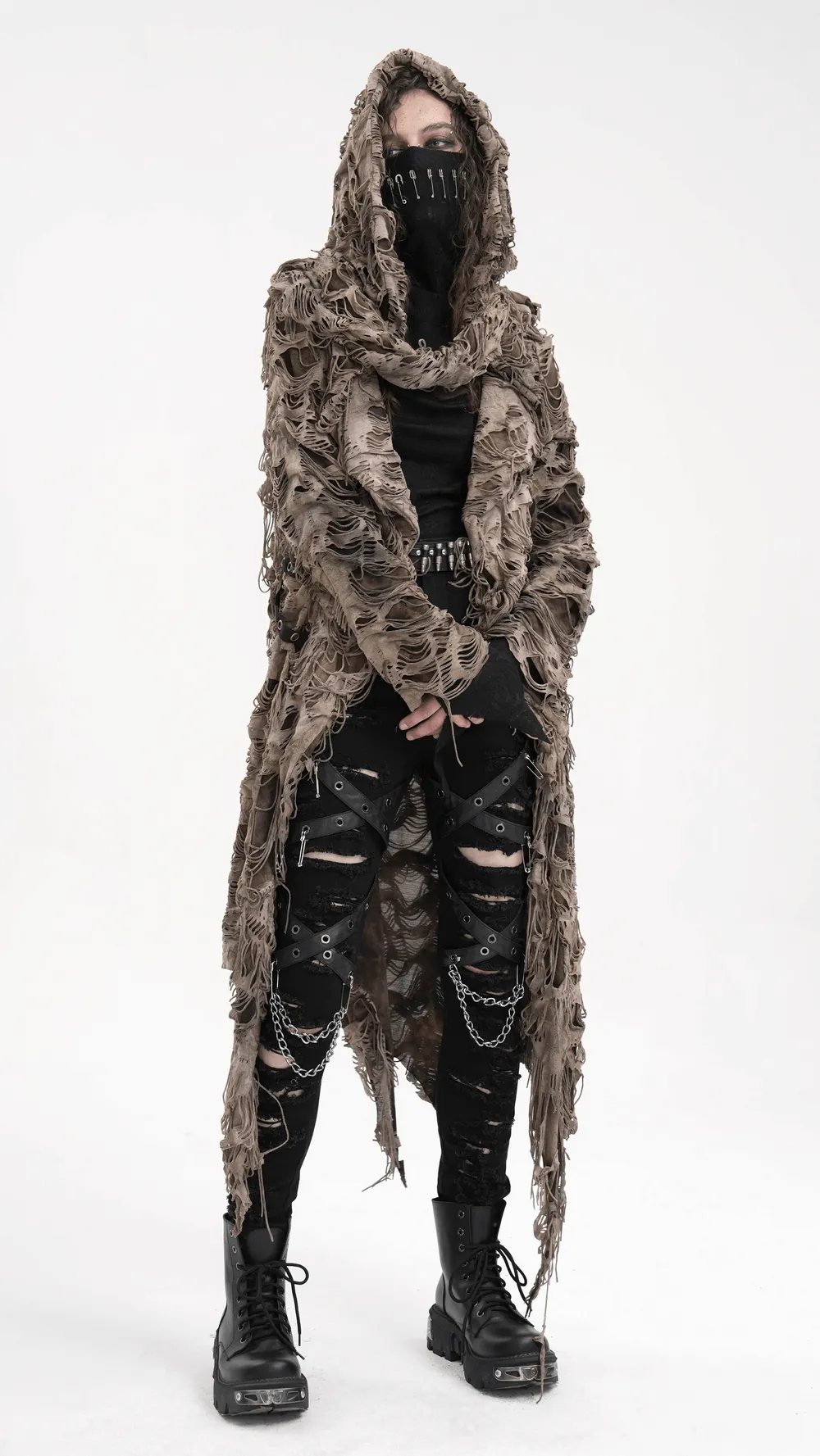 Distressed Hooded Duster Cape with Grunge Layers