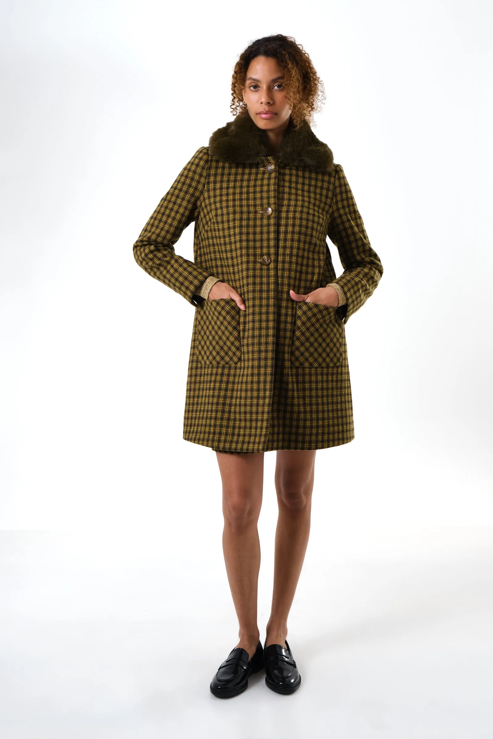 Dryden Wyoming Check Faux Fur Collar Coat - Mustard