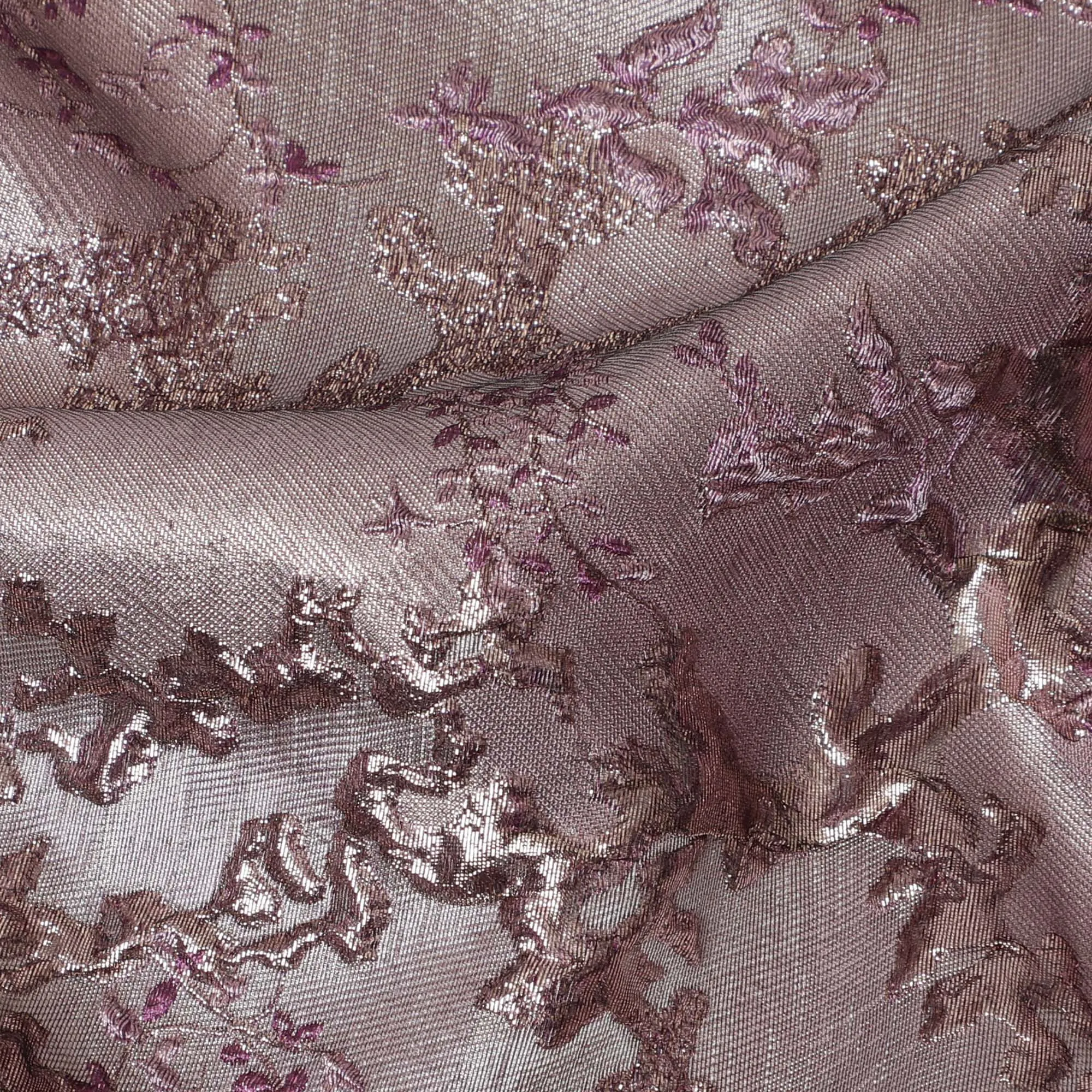 Elegant Pink and Silver Synthetic Brocade Fabric with Floral Design - 140 cm Width-D19790