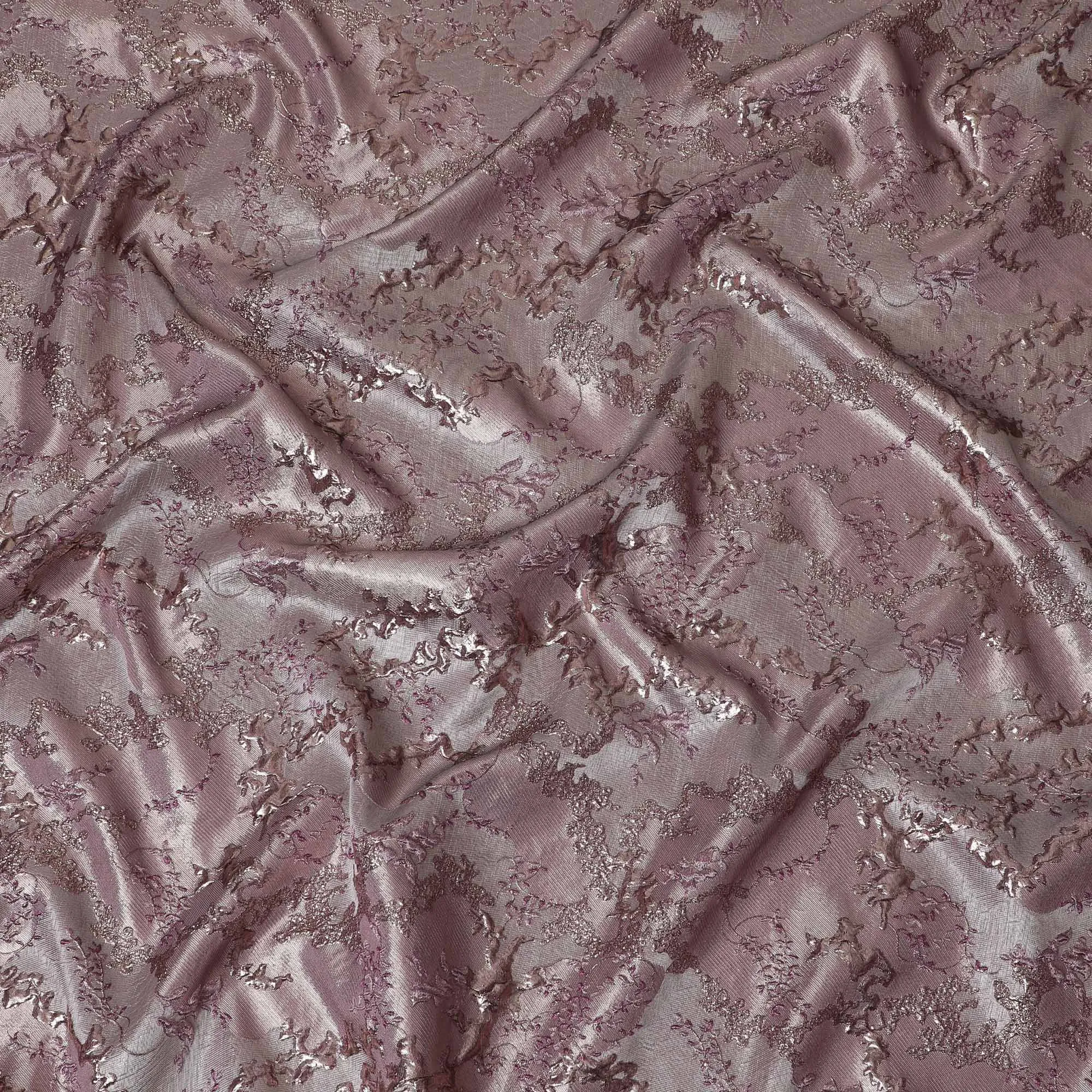 Elegant Pink and Silver Synthetic Brocade Fabric with Floral Design - 140 cm Width-D19790