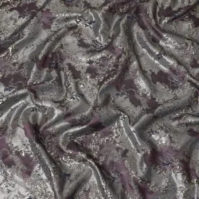 Elegant Plum and Silver Synthetic Brocade Fabric with Floral Design - 140 cm Width-D19793