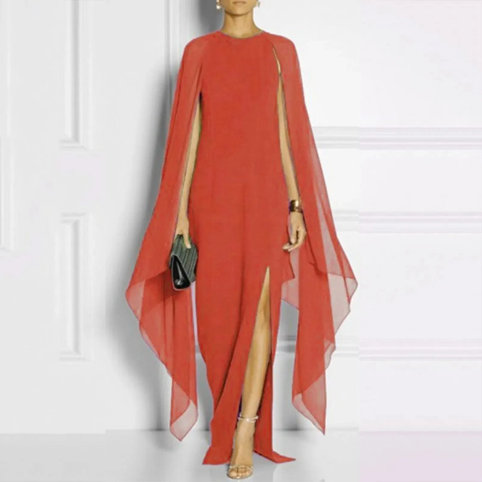 Elegant Summer Maxi Chiffon Cape Sexy Long High Slit Irregular Batwing Sleeve Vestidos Dress