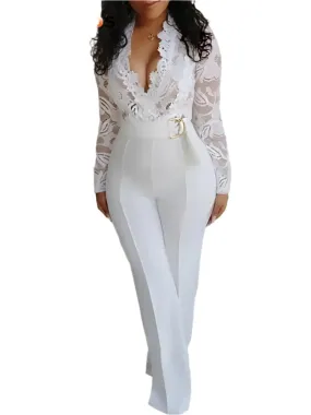 Elegant Women's White Lace V-Neck Long Sleeve Jumpsuit – Y2K Style Romper for Party or Work
