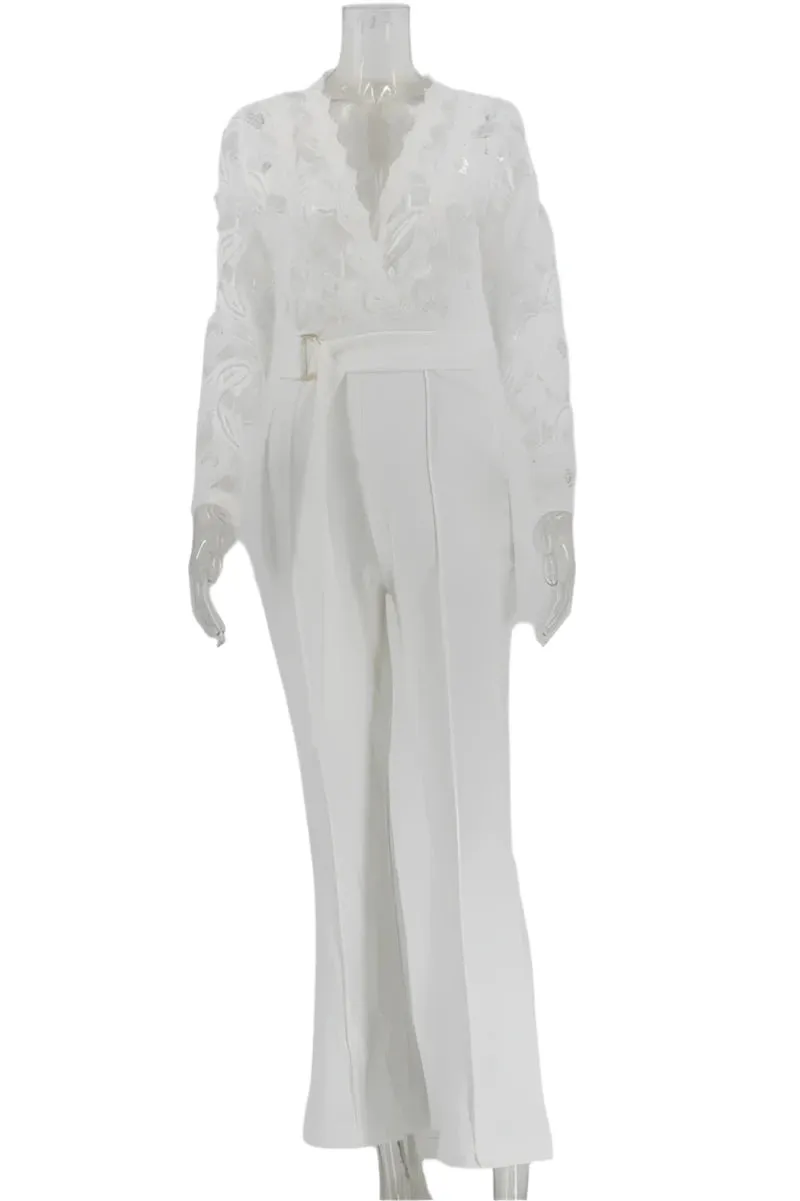 Elegant Women's White Lace V-Neck Long Sleeve Jumpsuit – Y2K Style Romper for Party or Work