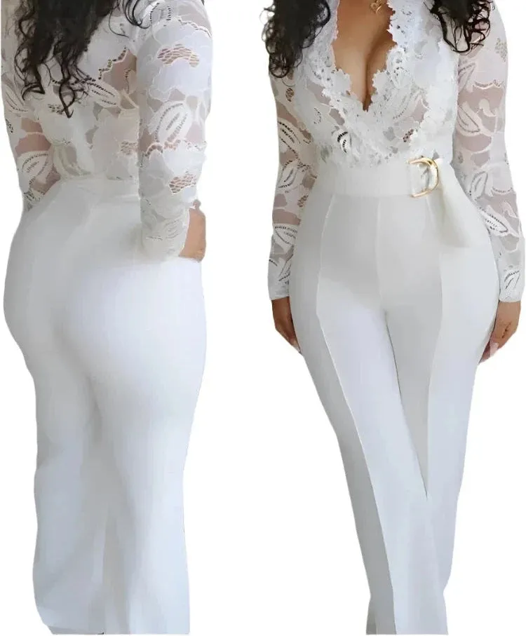 Elegant Women's White Lace V-Neck Long Sleeve Jumpsuit – Y2K Style Romper for Party or Work