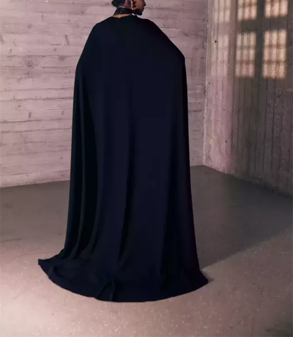 Embroidered Crystal Mesh Pure Black Tulle Dress With A Crêpe Marocain Cape