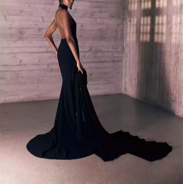 Embroidered Crystal Mesh Pure Black Tulle Dress With A Crêpe Marocain Cape