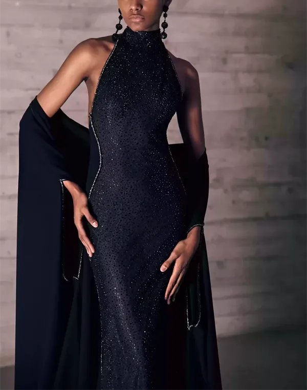 Embroidered Crystal Mesh Pure Black Tulle Dress With A Crêpe Marocain Cape
