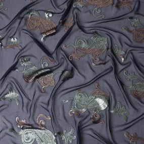 Embroidered Gunmetal Grey Silk Chiffon with Paisley Accents, 140cm - South Korean Elegance-D17787