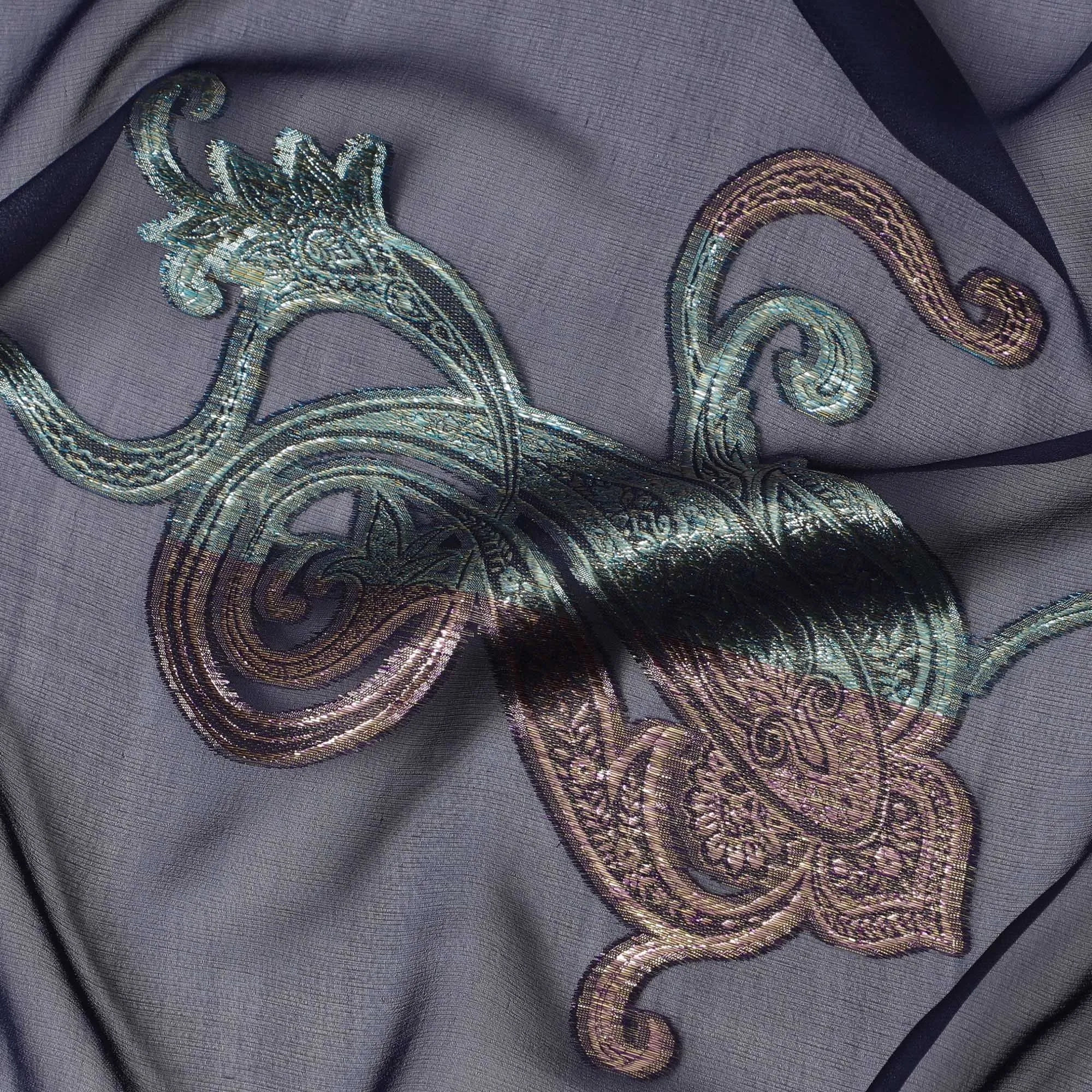 Embroidered Gunmetal Grey Silk Chiffon with Paisley Accents, 140cm - South Korean Elegance-D17787