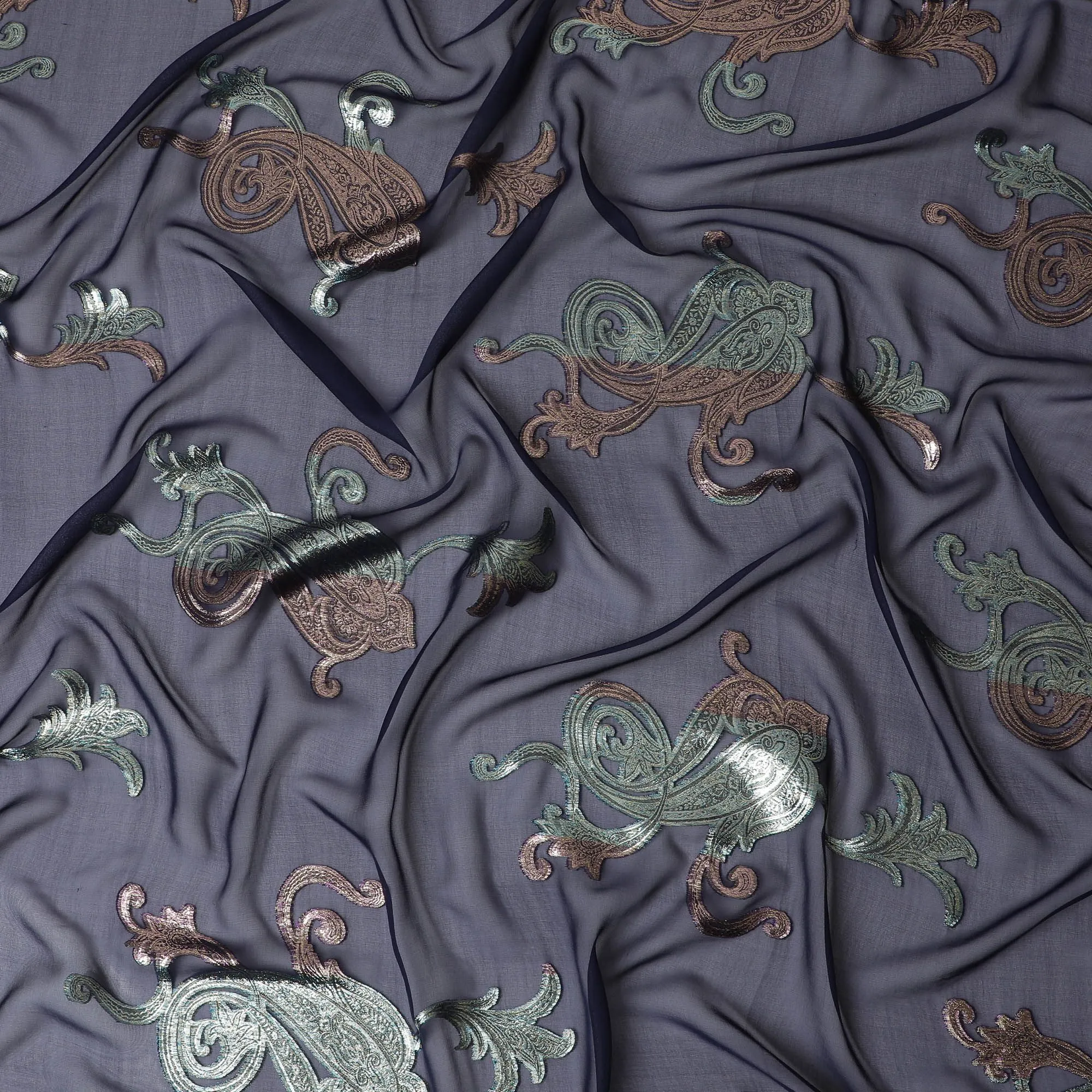 Embroidered Gunmetal Grey Silk Chiffon with Paisley Accents, 140cm - South Korean Elegance-D17787