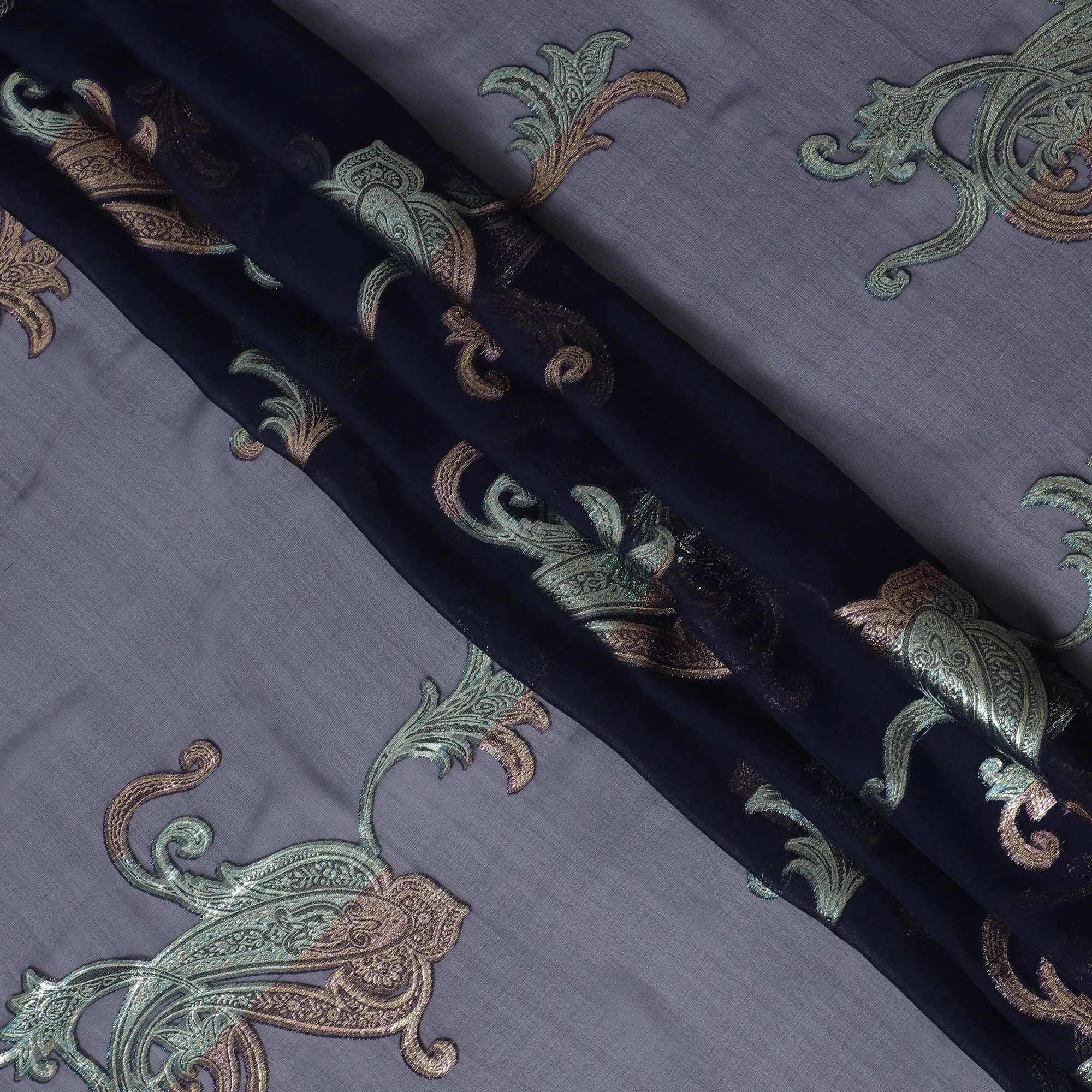 Embroidered Gunmetal Grey Silk Chiffon with Paisley Accents, 140cm - South Korean Elegance-D17787
