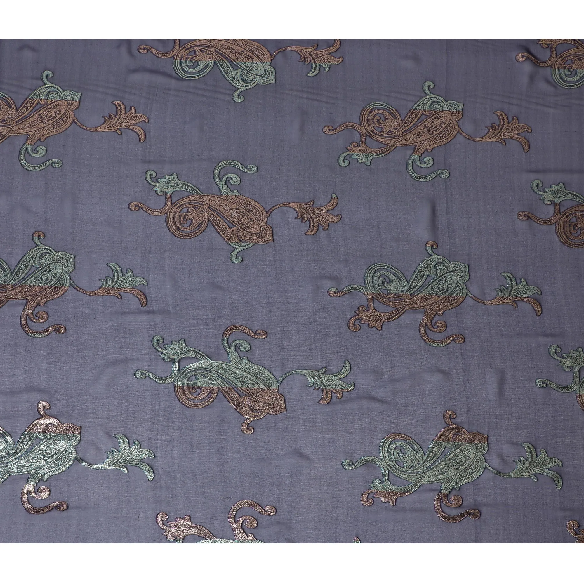 Embroidered Gunmetal Grey Silk Chiffon with Paisley Accents, 140cm - South Korean Elegance-D17787
