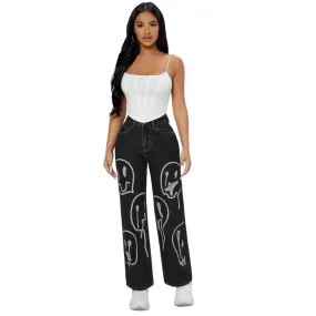 Emoji Printed Loose Wide Leg Jeans