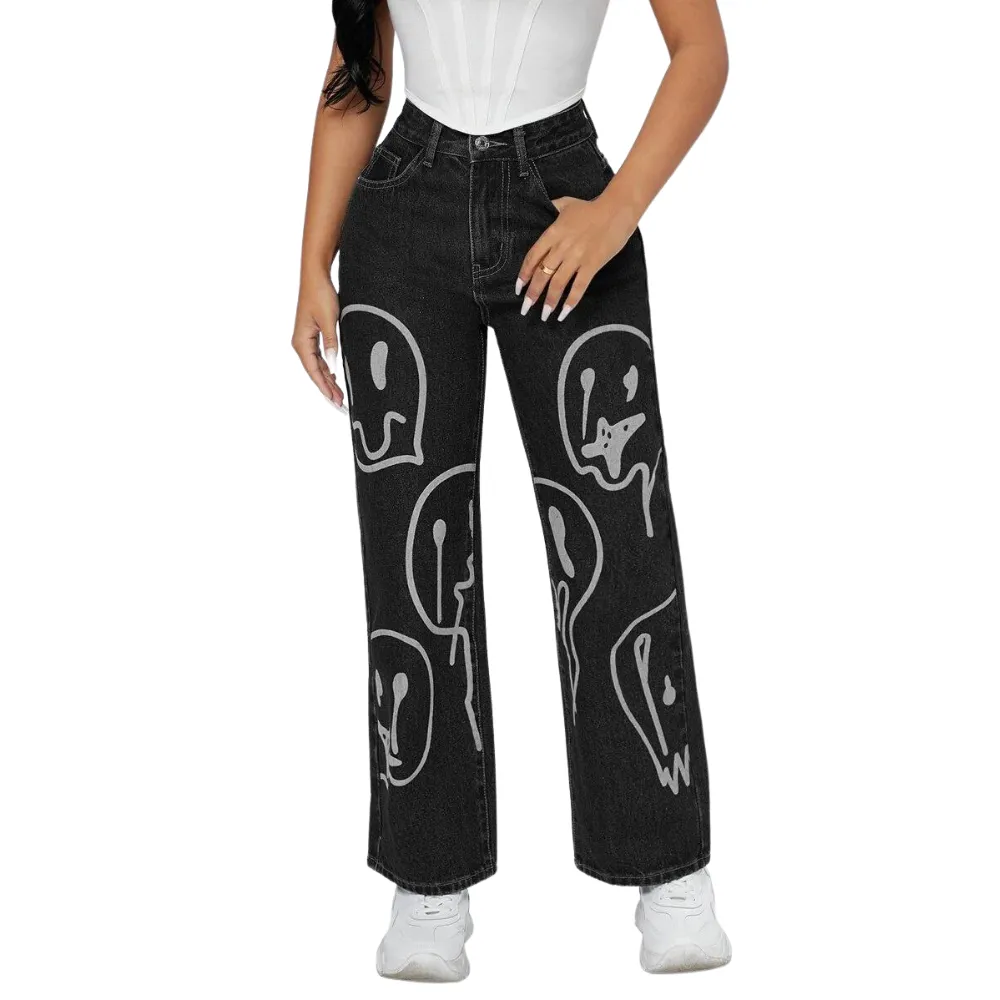 Emoji Printed Loose Wide Leg Jeans