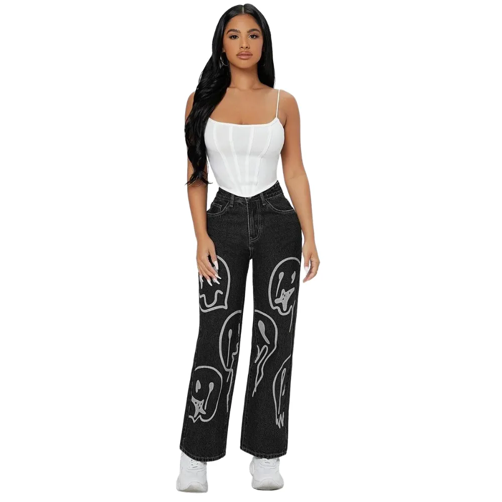 Emoji Printed Loose Wide Leg Jeans