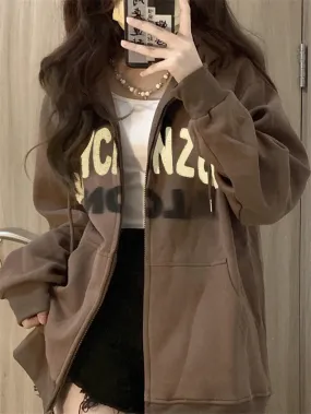 Fashion Letter Vintage Women's Sweatshirts American Style Spell Color Hooded Zip-up Female Streetwear Chic O-neck Hoodies