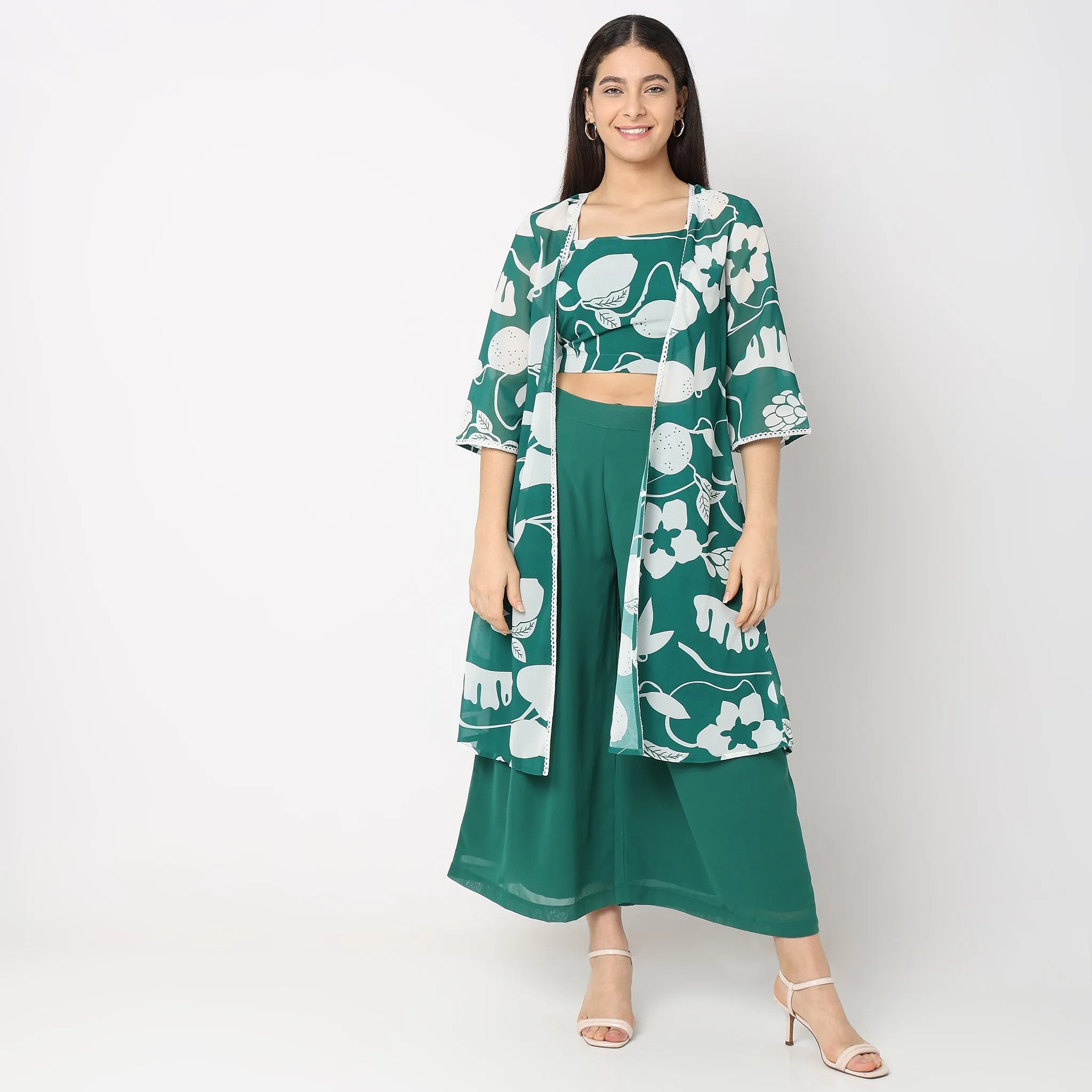 Flare Fit Printed Top with Palazzo & with Cape Set