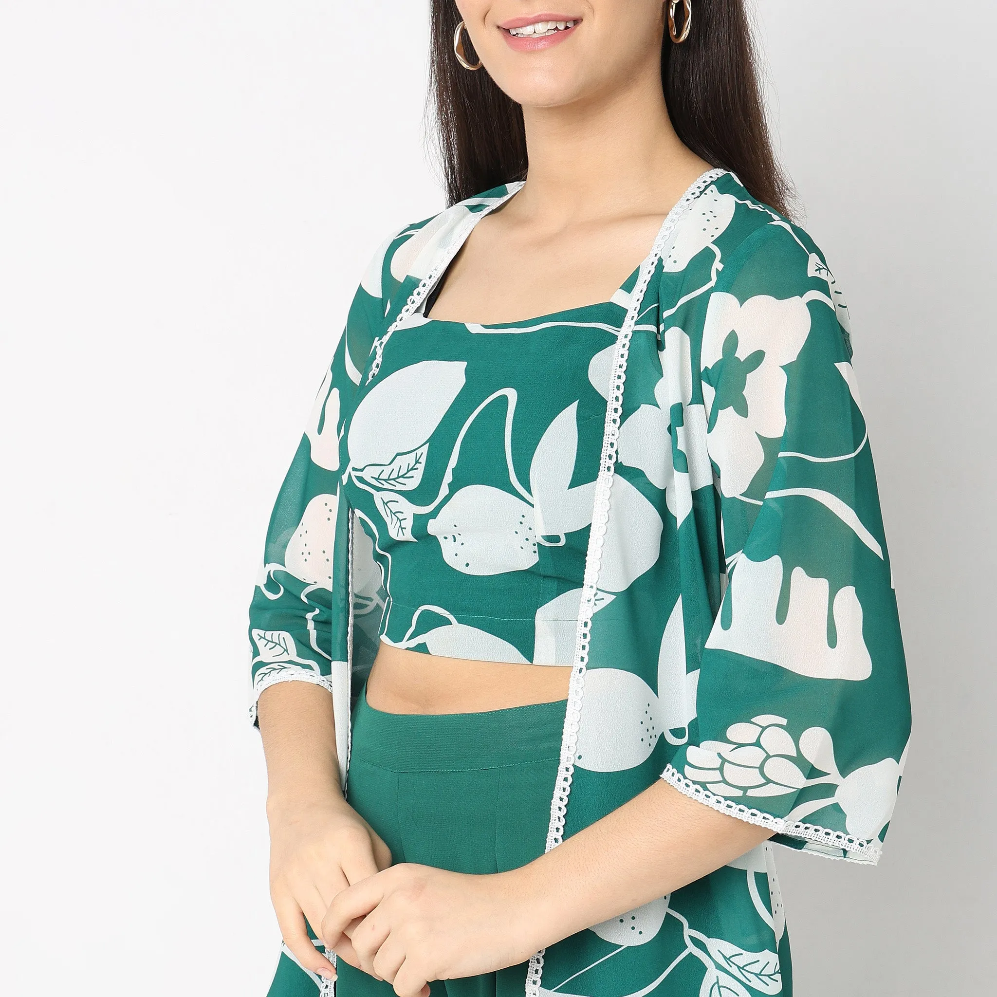 Flare Fit Printed Top with Palazzo & with Cape Set