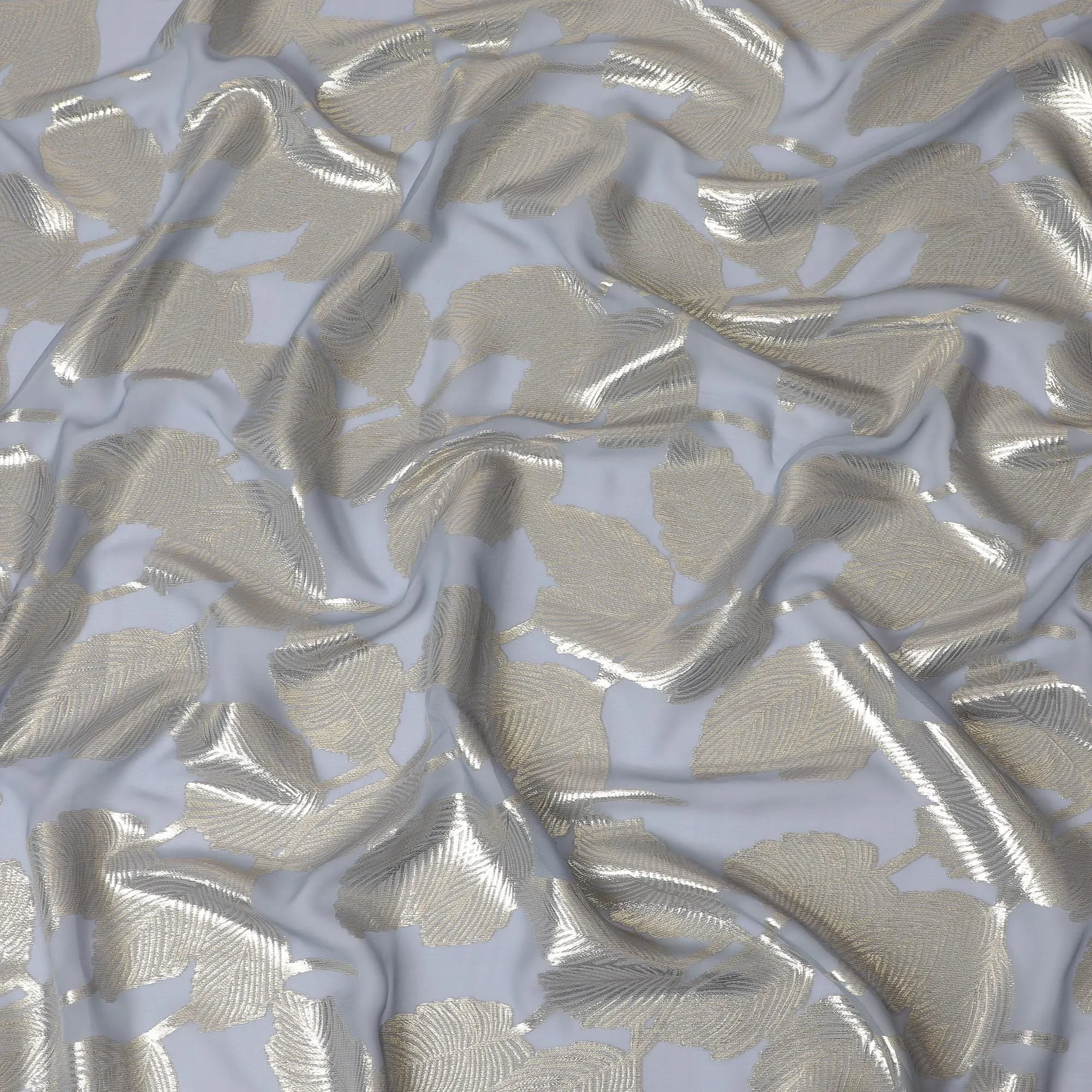Gleaming Silver Leaf Silk Chiffon Fabric with Metallic Lurex, 110cm Wide – Exquisite for Dressmaking-D18382