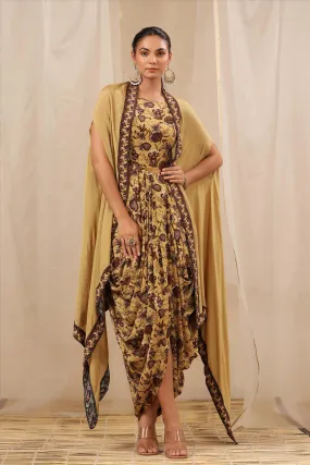 Gold Viscose Crepe Flotal Print Dhoti Style Ethnic Gown With Chinon Silk Asymmetric Cape Jacket