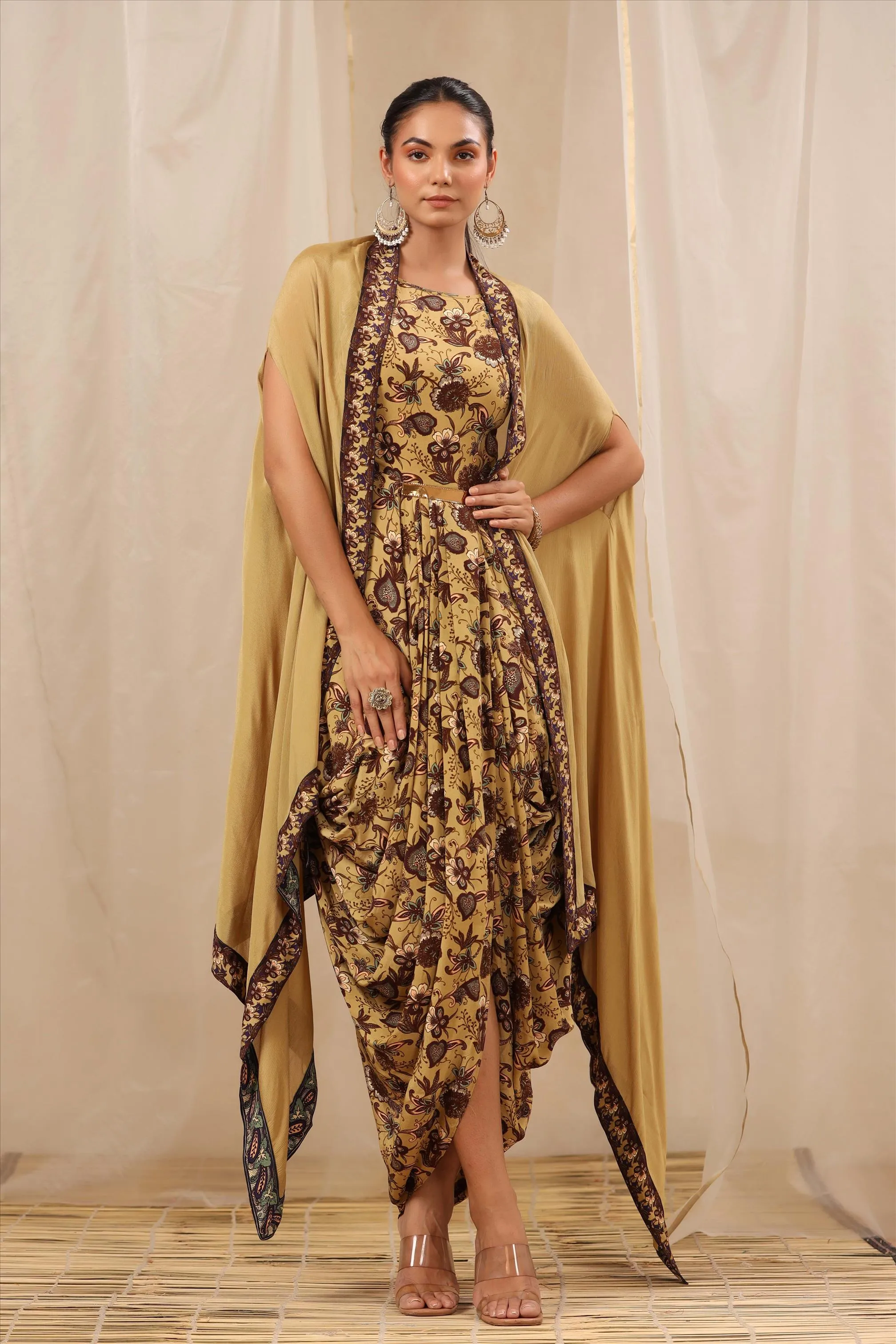 Gold Viscose Crepe Flotal Print Dhoti Style Ethnic Gown With Chinon Silk Asymmetric Cape Jacket