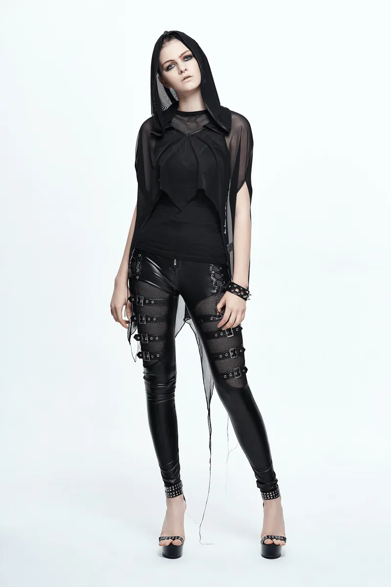 Gothic Bat Style Hooded Mesh Cape / Women's Black Asymmetrical Hem Cape