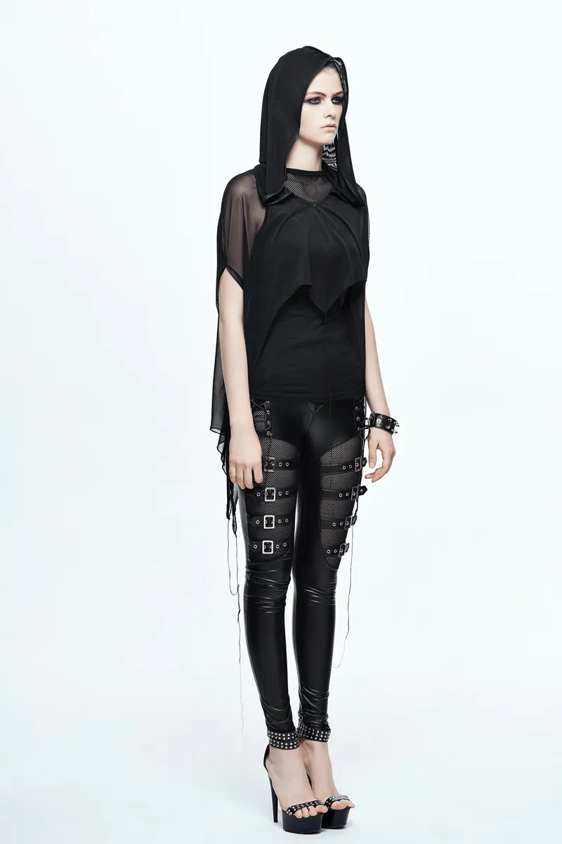 Gothic Bat Style Hooded Mesh Cape / Women's Black Asymmetrical Hem Cape