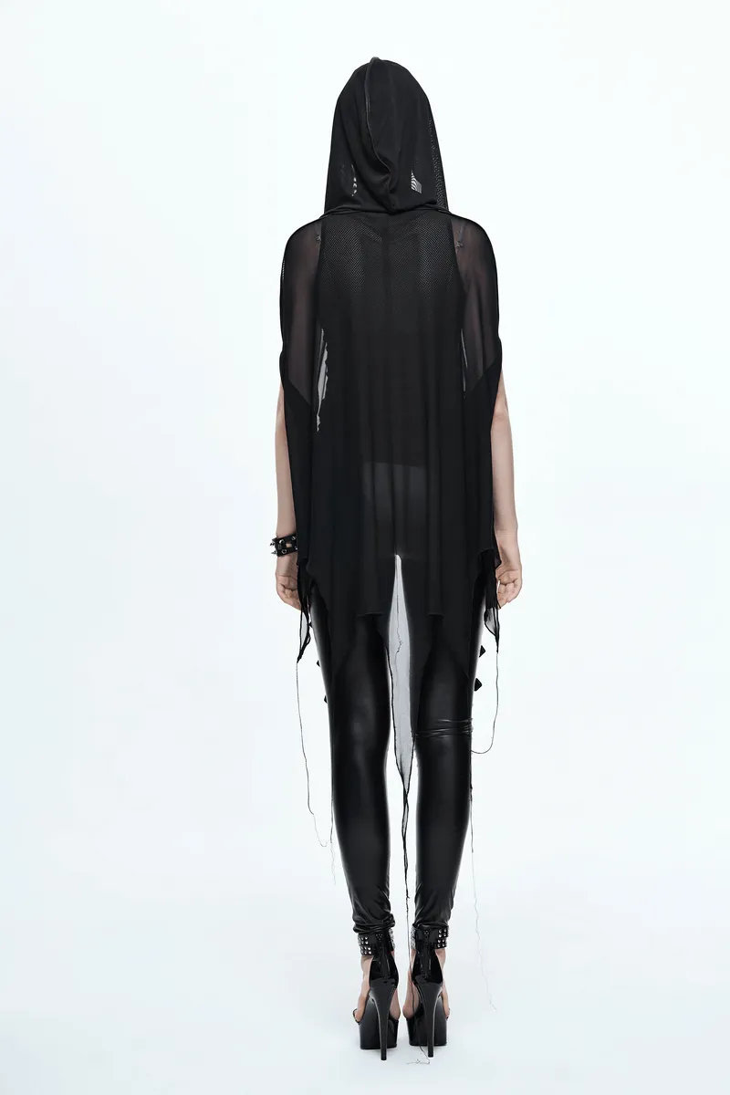 Gothic Bat Style Hooded Mesh Cape / Women's Black Asymmetrical Hem Cape