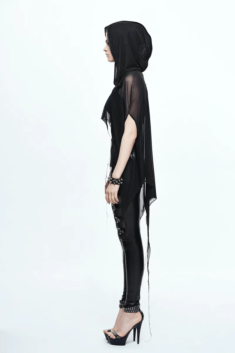 Gothic Bat Style Hooded Mesh Cape / Women's Black Asymmetrical Hem Cape