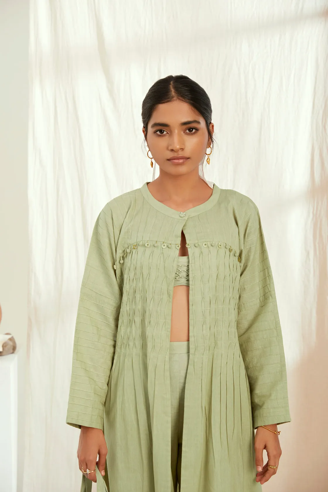 Green cotton and linen jacket co-ord set