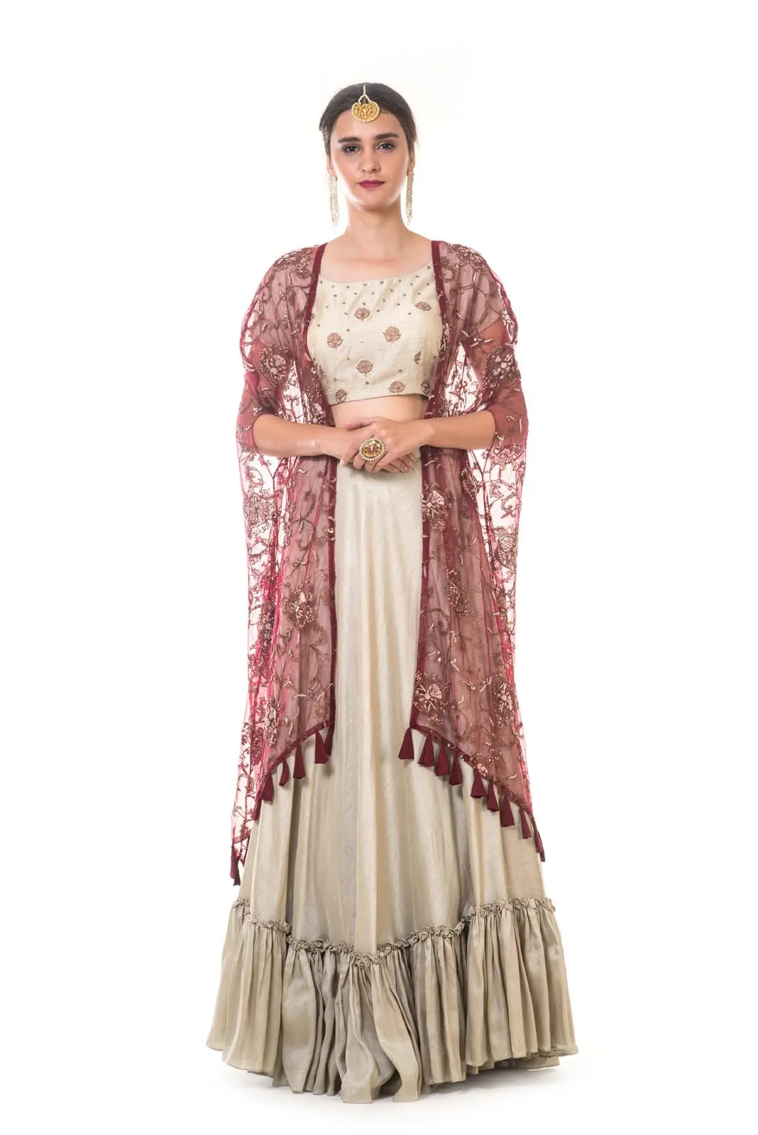 Hand Embroidered Blouse & Ruffle Lehenga Set with a Heavy Embroidered Tasselled Cape