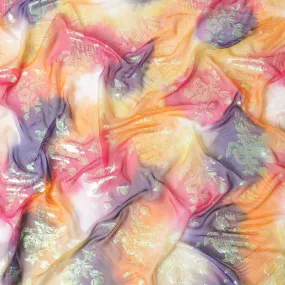 Hand printed multicolour silk chiffon fabric with rainbow metallic jacquard in floral design - D9877