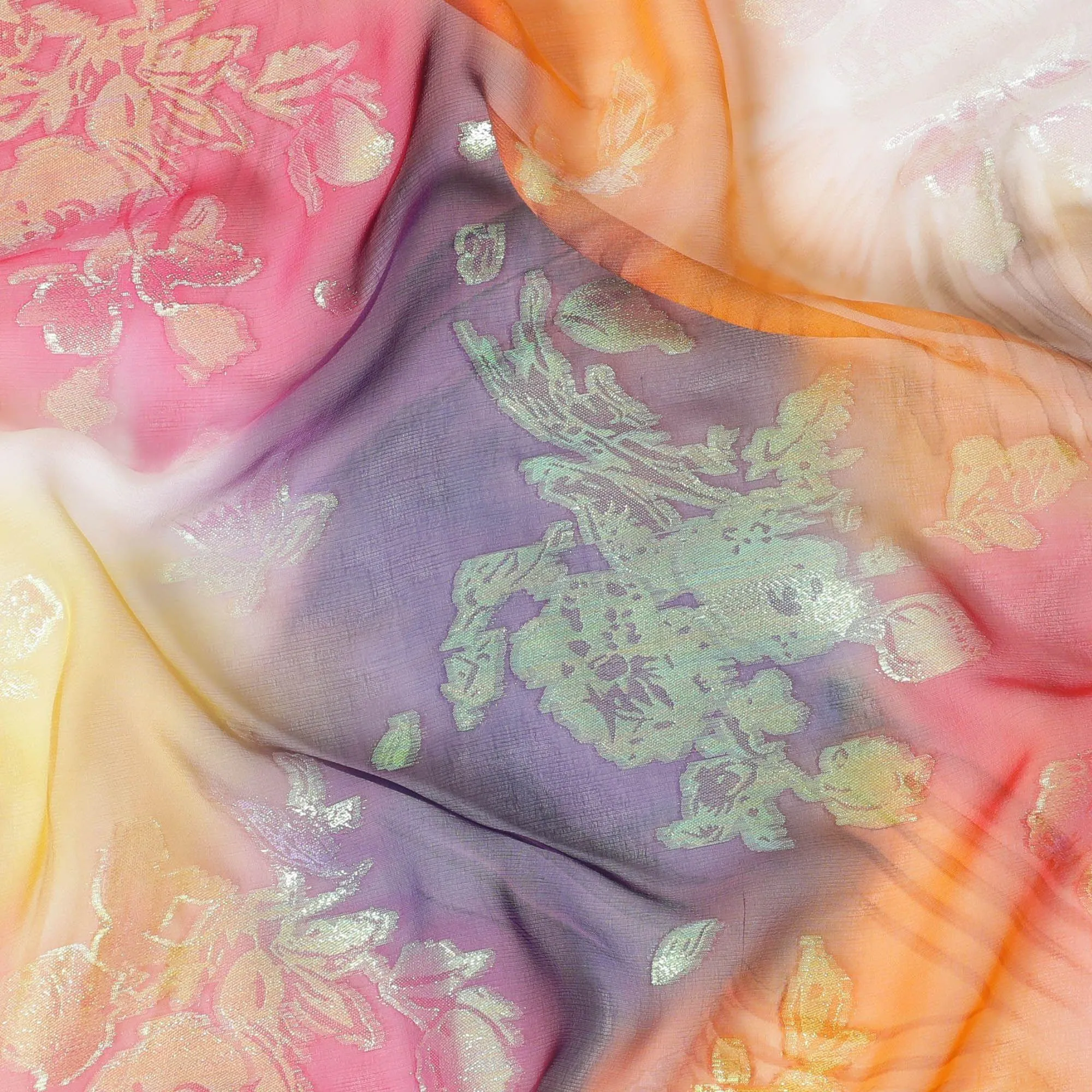 Hand printed multicolour silk chiffon fabric with rainbow metallic jacquard in floral design - D9877