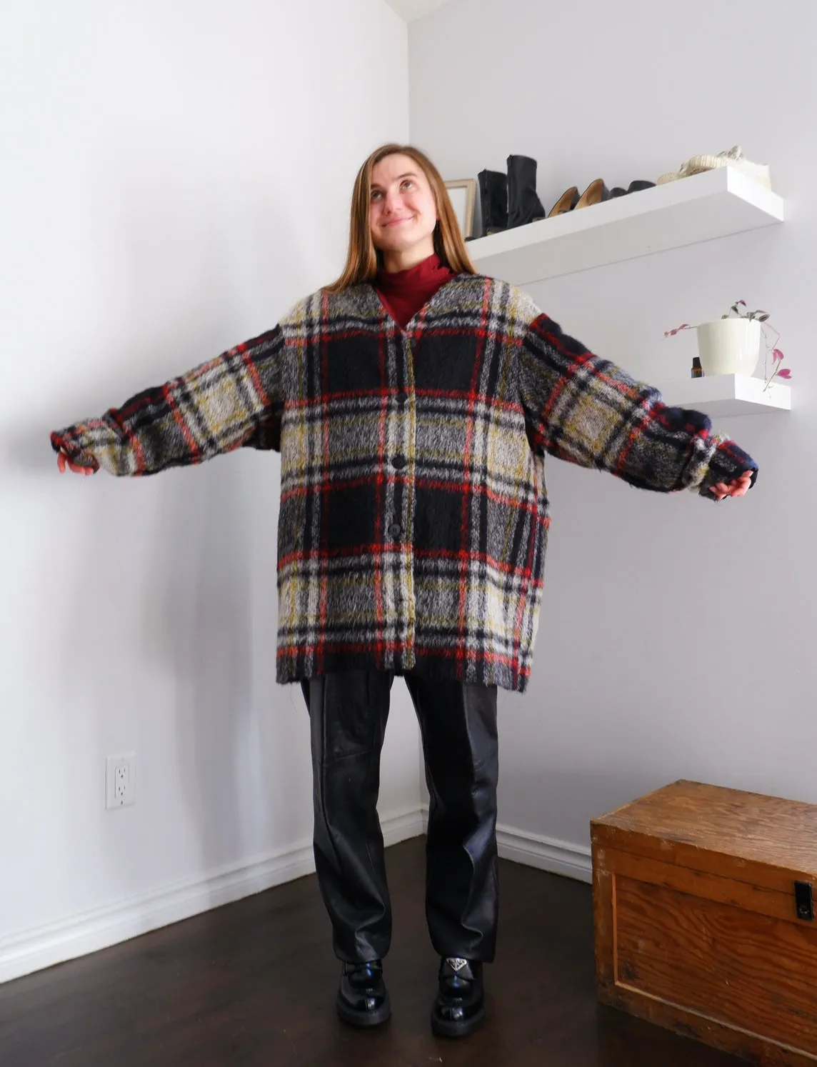 Handmade Cozy Macro Plaid Longline Coat - XL 