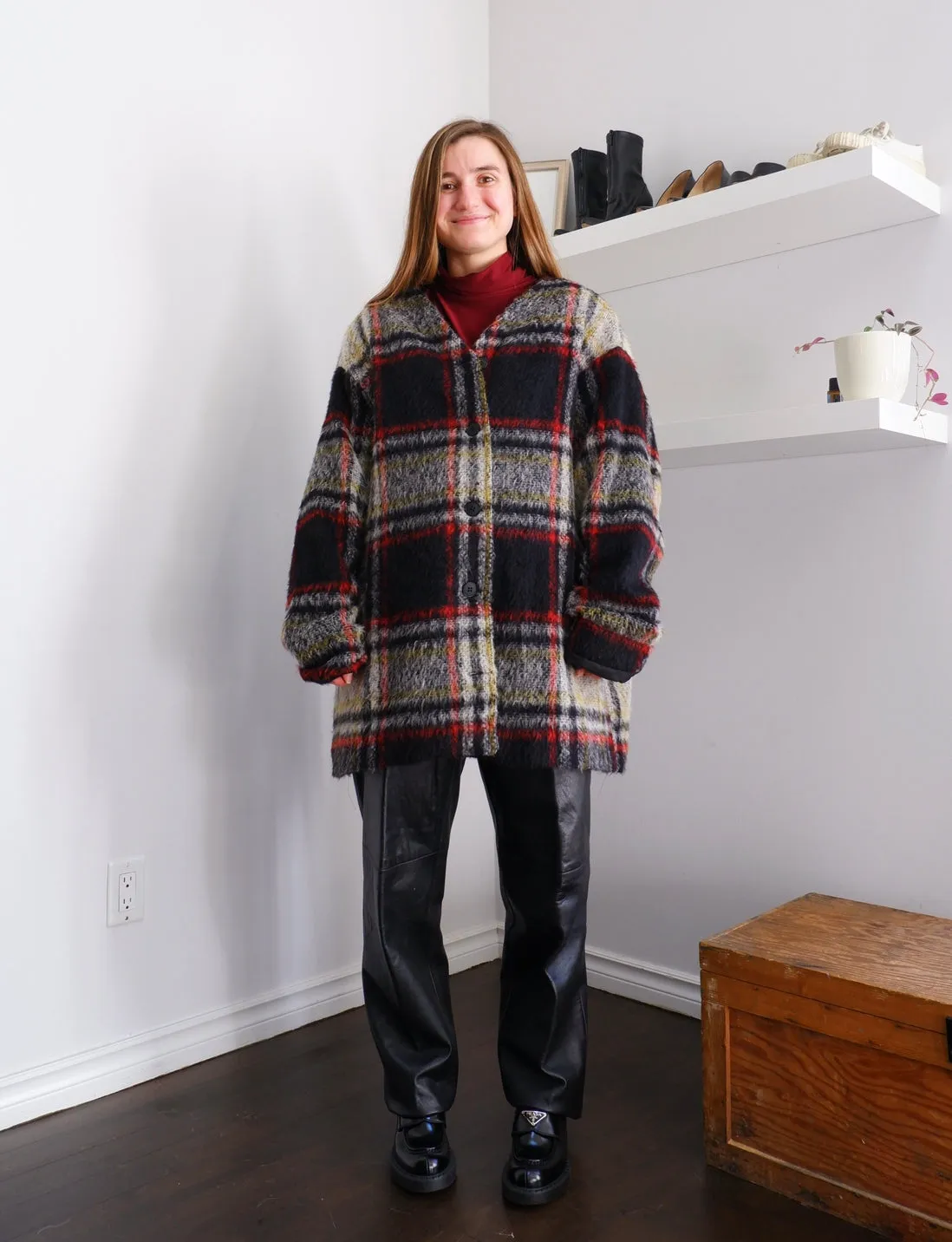 Handmade Cozy Macro Plaid Longline Coat - XL 